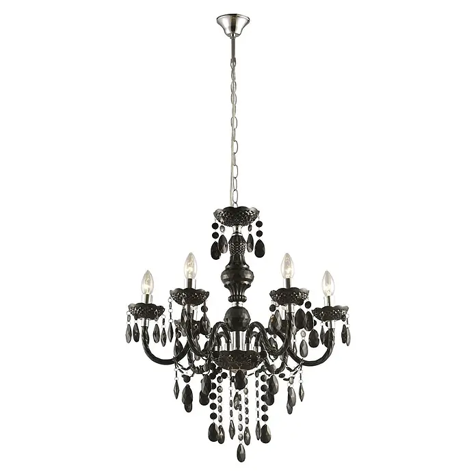 Globo Pendelleuchte Cuimbra - 40 W, Ø x H: 67 x 166 cm, E14 - Schwarzer Kristall-Kronleuchter mit fünf Lichtern und dekorativen Elementen.