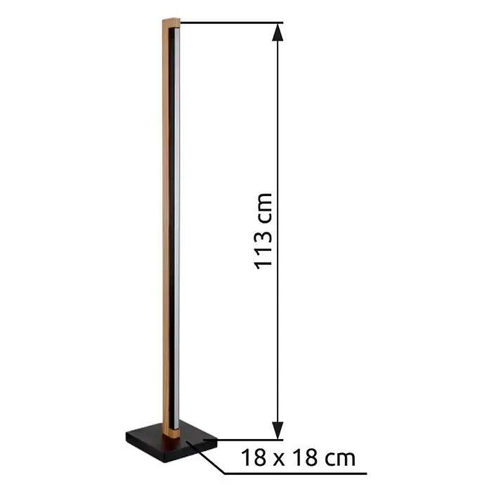 Globo LED-Deckenfluter Starla - 23,5 W, Höhe: 1.130 mm, Warmweiß - Hohe Stehleuchte, helles Holz und schwarze Oberfläche, 113 cm hoch, mit 18x18 cm schwarzem Sockel.