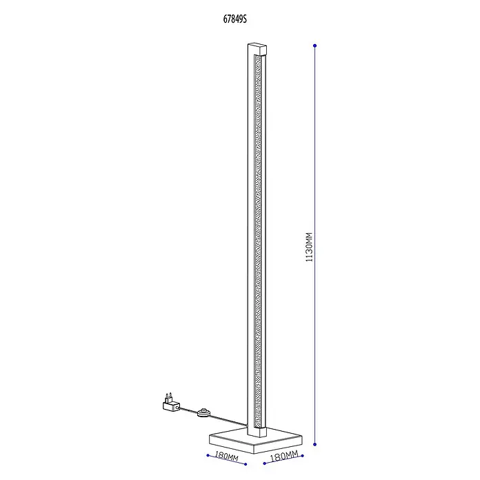 Globo LED-Deckenfluter Starla - 23,5 W, Höhe: 1.130 mm, Warmweiß - Technische Zeichnung einer hohen, schlanken Stehlampe mit rechteckigem Pfosten, quadratischem Sockel und externem Netzteil mit Schalter.