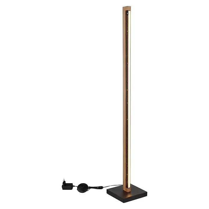 Globo LED-Deckenfluter Starla - 23,5 W, Höhe: 1.130 mm, Warmweiß - Hohe Stehlampe aus Holz mit vertikalem LED-Lichtstreifen, schwarzem Sockel, Fußschalter und Netzteil.