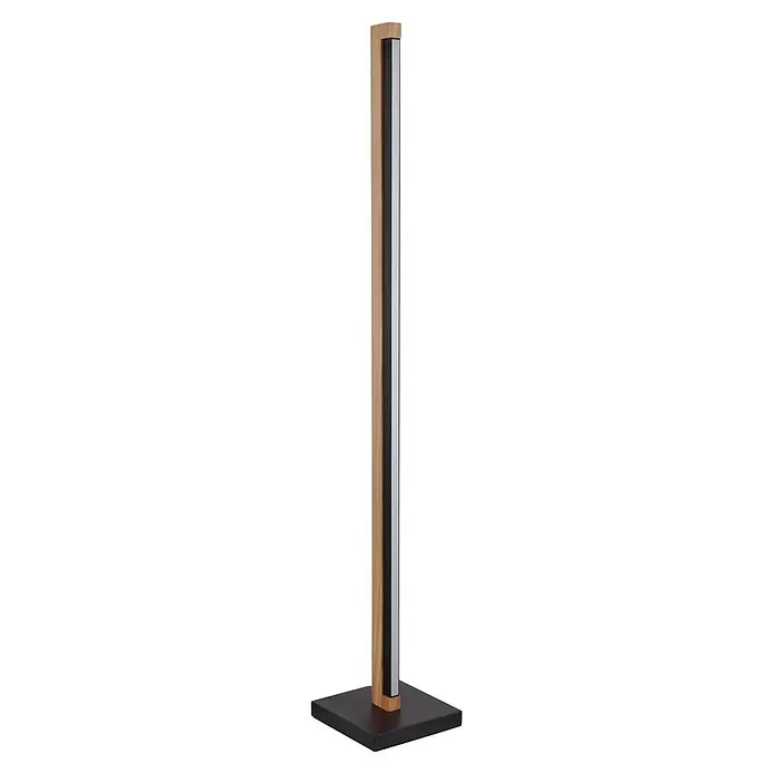 Globo LED-Deckenfluter Starla - 23,5 W, Höhe: 1.130 mm, Warmweiß - Moderne Stehleuchte aus Holz mit schwarzem Sockel, schwarzer Lochplatte und weißem Lichtstreifen.