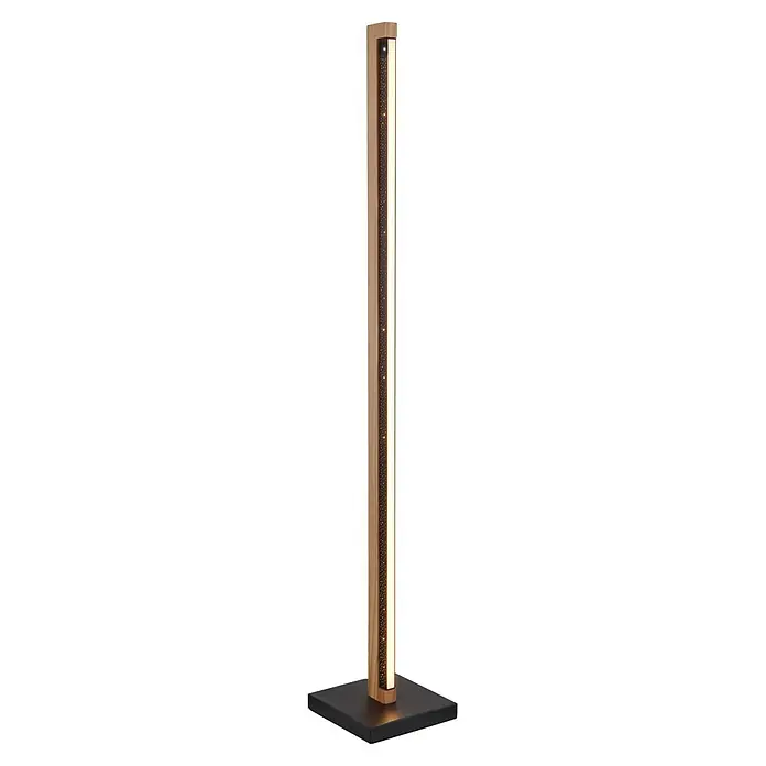 Globo LED-Deckenfluter Starla - 23,5 W, Höhe: 1.130 mm, Warmweiß - Moderne Stehleuchte: heller Holzständer, dunkles Paneel mit Lichtpunkten, vertikaler warmer LED-Streifen, schwarzer Quadratfuß.