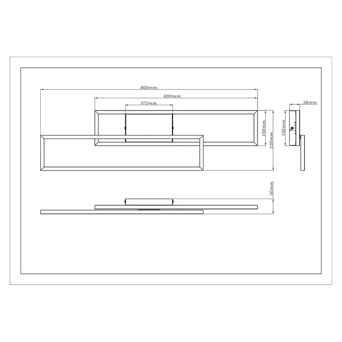 Globo LED-Deckenleuchte Tatjana - 30 W, L x B x H: 800 x 220 x 56 mm, Warmweiß - Technische Zeichnung einer modernen, linearen LED-Wandleuchte mit überlappenden rechteckigen Elementen, inklusive Maßen.