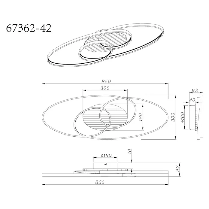 Globo LED-Deckenleuchte Tisha - 40 W, L x B x H: 850 x 300 x 90 mm, Warmweiß - Moderne ovale LED-Deckenleuchte mit ineinandergreifenden Ringen, dargestellt in einer technischen Zeichnung mit Maßen.