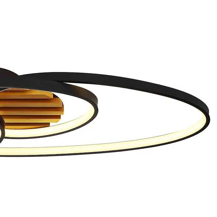 Globo LED-Deckenleuchte Tisha - 40 W, L x B x H: 850 x 300 x 90 mm, Warmweiß - Moderne Deckenleuchte mit schwarzen geschwungenen Bändern, integrierter LED-Beleuchtung und zentralem Holzlamellen-Design.