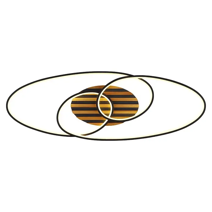 Globo LED-Deckenleuchte Tisha - 40 W, L x B x H: 850 x 300 x 90 mm, Warmweiß - Moderne schwarze LED-Deckenleuchte mit leuchtenden überlappenden Ovalringen und rundem Holzlamellenfuß.