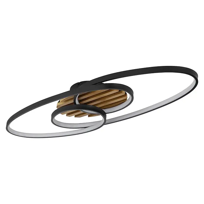 Globo LED-Deckenleuchte Tisha - 40 W, L x B x H: 850 x 300 x 90 mm, Warmweiß - Moderne schwarze LED-Deckenleuchte mit verschlungenen Rahmen und zentralem Holzlamellen-Design.