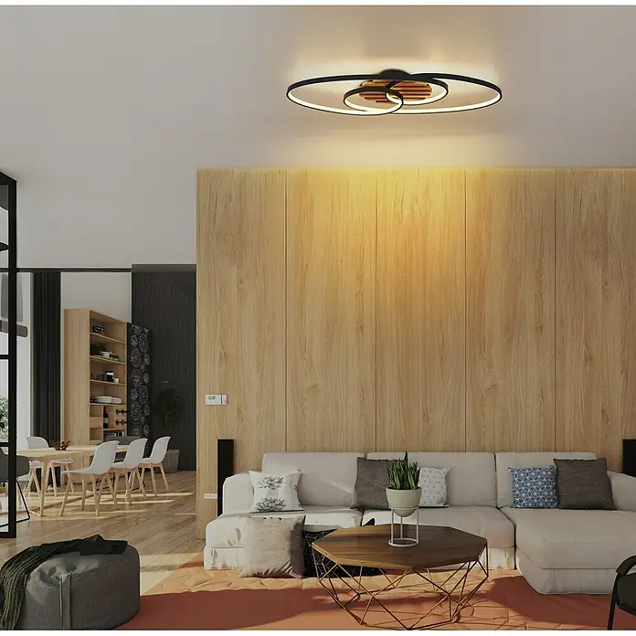 Globo LED-Deckenleuchte Tisha - 40 W, L x B x H: 850 x 300 x 90 mm, Warmweiß - Moderne Deckenleuchte aus Schwarz und Holz mit beleuchtetem Wirbeldesign im Wohnzimmer.