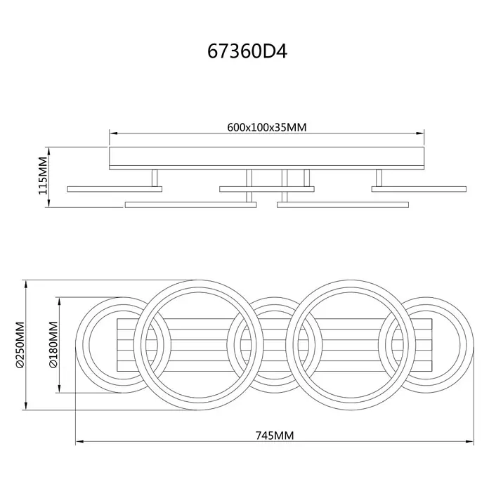 Globo LED-Deckenleuchte Blevins - 34 W, L x B x H: 745 x 250 x 115 mm - Technische Zeichnung einer rechteckigen Deckenleuchte mit vier verbundenen runden Leuchtelementen. Gesamtmaße: 745x250x115mm.