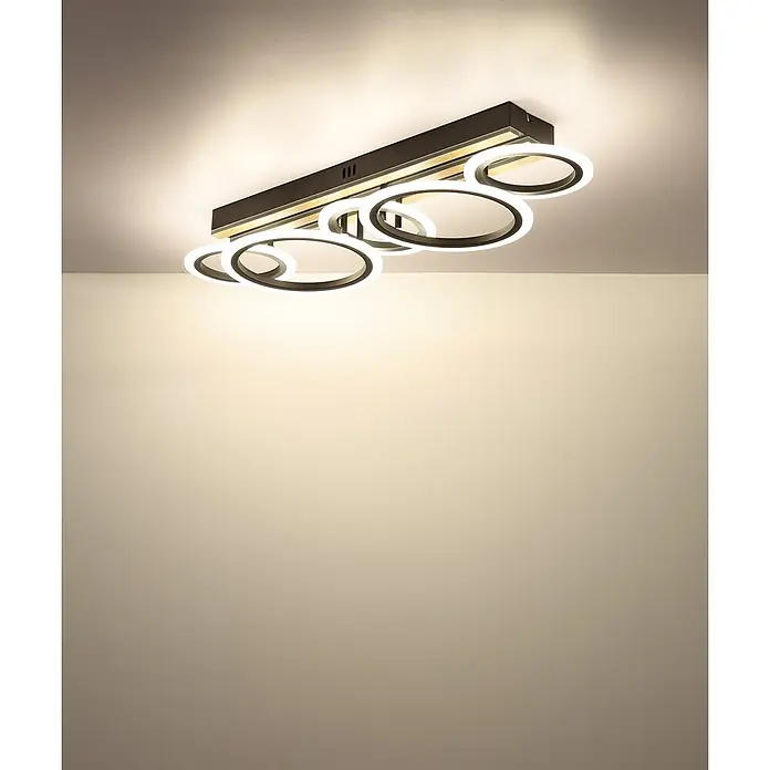 Globo LED-Deckenleuchte Blevins - 34 W, L x B x H: 745 x 250 x 115 mm - Moderne Deckenleuchte mit dunklem Rechtecksockel und mehreren ineinandergreifenden weißen LED-Ringen.