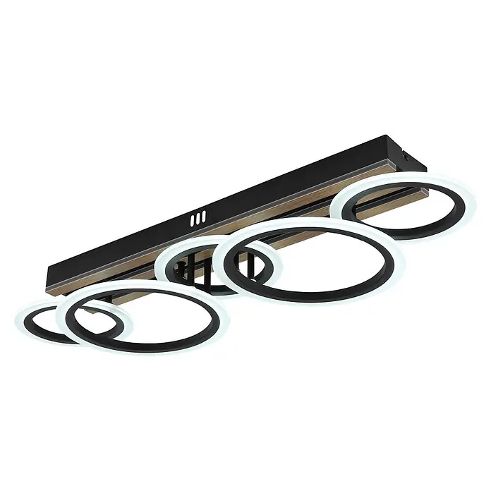 Globo LED-Deckenleuchte Blevins - 34 W, L x B x H: 745 x 250 x 115 mm - Moderne Deckenleuchte aus Schwarz und Holz mit mehreren beleuchteten weißen Ringen.