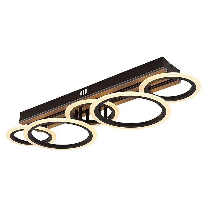 Globo LED-Deckenleuchte Blevins - 34 W, L x B x H: 745 x 250 x 115 mm - Moderne schwarze Deckenleuchte aus Holz mit mehreren leuchtenden weißen LED-Ringen.