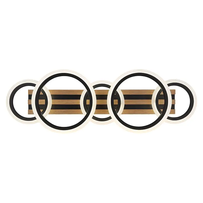 Globo LED-Deckenleuchte Blevins - 34 W, L x B x H: 745 x 250 x 115 mm - Moderne LED-Wandlampe mit ineinandergreifenden schwarz-weißen Leuchtringen und einer Holzrückplatte.