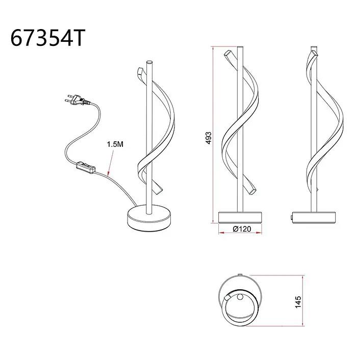 Globo LED-Tischleuchte Watkins - 12,5 W, Warmweiß - Moderne, elegante spiralförmige LED-Tischleuchte, technische Zeichnung mit Maßen und Netzkabel.