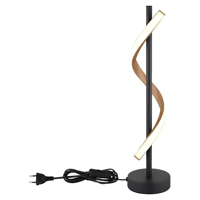 Globo LED-Tischleuchte Watkins - 12,5 W, Warmweiß - Schwarze Tischlampe mit gedrehter LED-Lichtleiste in Holzoptik und Ein-/Ausschalter am Kabel.