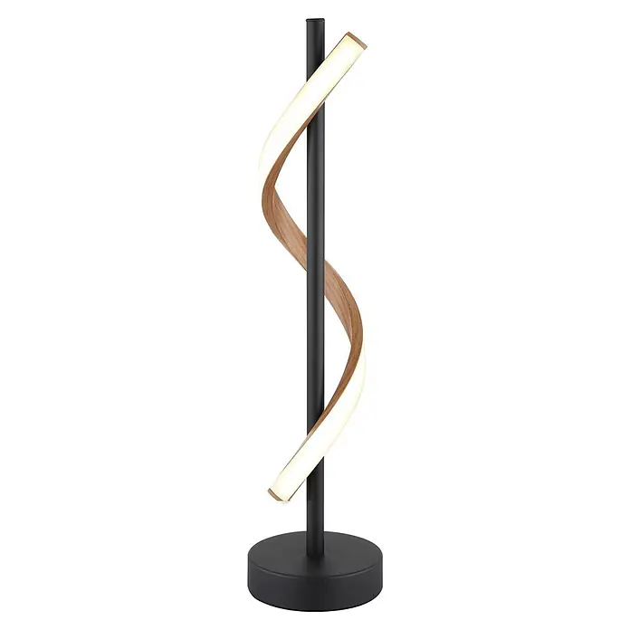 Globo LED-Tischleuchte Watkins - 12,5 W, Warmweiß - Schwarze Tischleuchte mit zentralem Stab und spiralförmigem Lichtelement, mit Holzoptik und beleuchteten Abschnitten.