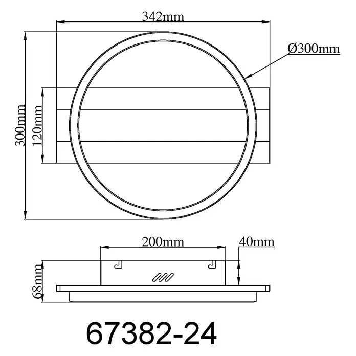 Globo LED-Deckenleuchte Norberto - 24 W, L x B x H: 342 x 300 x 68 mm - Technische Zeichnung einer runden Einbauleuchte, Ø300mm, mit Außenmaßen 342x300mm und 40mm Einbautiefe.