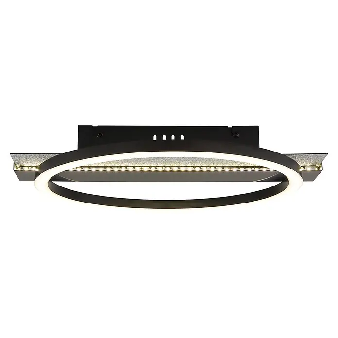 Globo LED-Deckenleuchte Norberto - 24 W, L x B x H: 342 x 300 x 68 mm - Moderne schwarze LED-Deckenleuchte mit hellem Kreisring und zusätzlichen linearen Lichtstreifen auf texturierter Oberfläche.