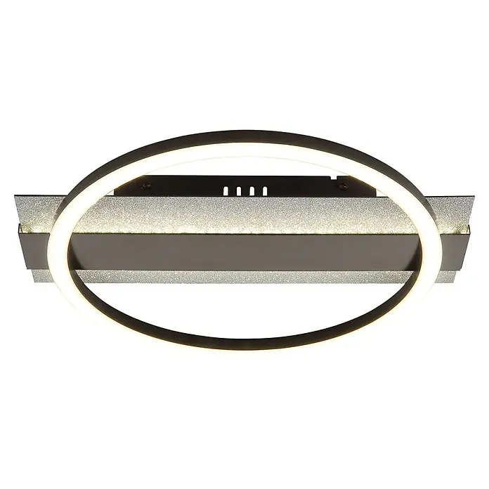 Globo LED-Deckenleuchte Norberto - 24 W, L x B x H: 342 x 300 x 68 mm - Moderne LED-Deckenleuchte mit ovalem Leuchtring und rechteckigem Sockel in glitzerndem Silbergrau und Dunkelgrau.