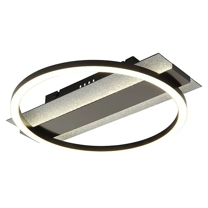 Globo LED-Deckenleuchte Norberto - 24 W, L x B x H: 342 x 300 x 68 mm - Moderne schwarze LED-Deckenleuchte mit leuchtendem weißem Kreisring und funkelnden silbernen Rechteckpaneelen.