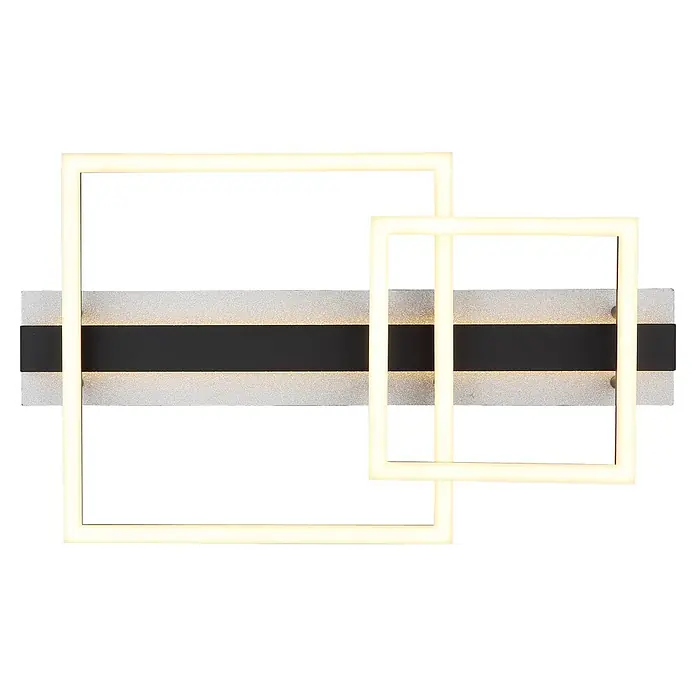 Globo LED-Deckenleuchte Estrada - 30 W, L x B x H: 560 x 330 x 90 mm - Moderne LED-Wandleuchte mit zwei überlappenden beleuchteten quadratischen Rahmen auf schwarzem und silbernem Untergrund.