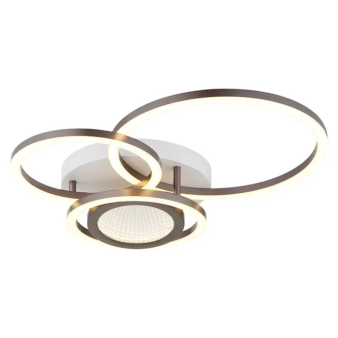 Globo Plafón LED Randell - 40 W, L x An x Al: 490 x 390 x 100 mm - Lámpara de techo LED moderna gris oscuro con tres anillos interconectados, uno con un cautivador efecto espejo infinito.