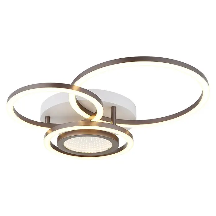 Globo Plafón LED Randell - 40 W, L x An x Al: 490 x 390 x 100 mm - Lámpara de techo LED moderna de metal oscuro con anillos entrelazados iluminados y panel de luz central.