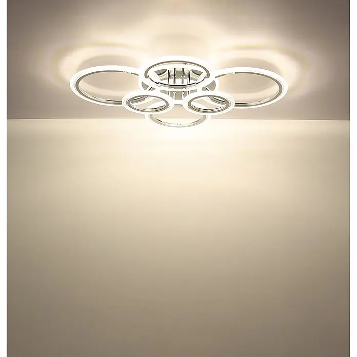 Globo LED-Deckenleuchte Salinas - 48 W, L x B x H: 780 x 605 x 115 mm - Moderne LED-Deckenleuchte aus Chrom mit ineinandergreifenden Ringen, warmweißes Licht abgebend.