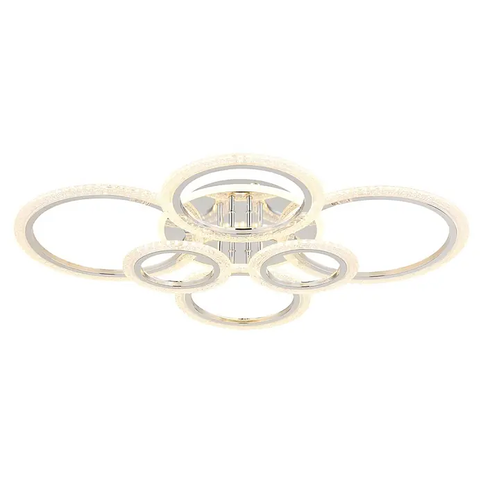 Globo LED-Deckenleuchte Salinas - 48 W, L x B x H: 780 x 605 x 115 mm - Moderne LED-Deckenleuchte mit verchromten, ineinandergreifenden Ringen und hellen, integrierten Kristallleuchten.