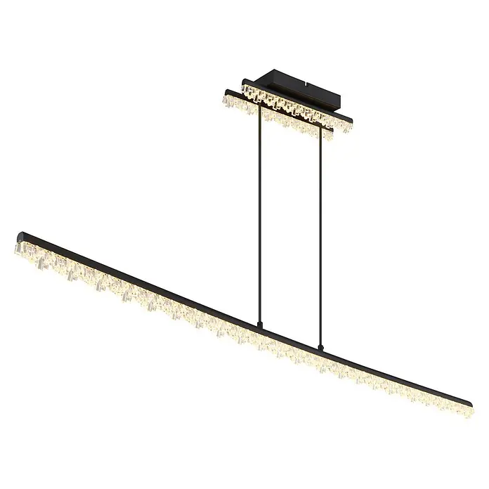 Globo LED-Pendelleuchte rund Hilton - 32 W - Moderne schwarze lineare Pendelleuchte mit klaren Kristallakzenten, an zwei Drähten hängend.