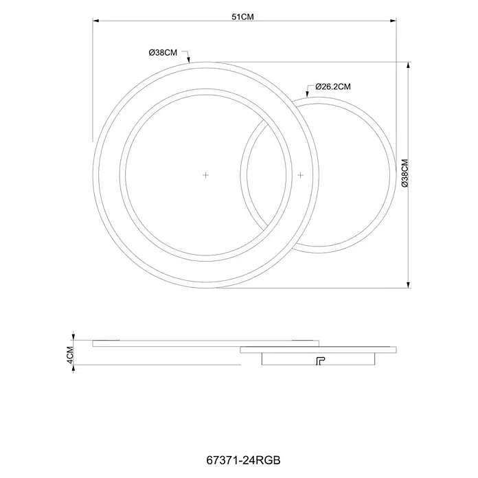 Globo LED-Deckenleuchte Mavis - 21 W, L x B x H: 51 x 38 x 4 cm, Weiß - Technische Zeichnung einer modernen LED-Deckenleuchte mit zwei überlappenden Ringen (38cm und 26.2cm Durchmesser), 51cm breit, 4cm tief.