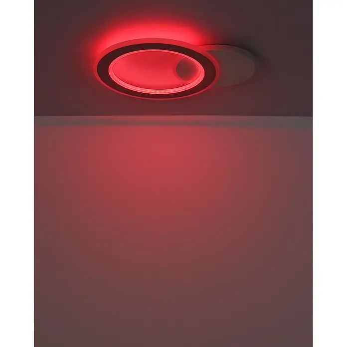 Globo LED-Deckenleuchte Mavis - 21 W, L x B x H: 51 x 38 x 4 cm, Weiß - Moderne, ovale LED-Deckenleuchte mit konzentrischen Ringen, die Decke und Wand rot beleuchtet.