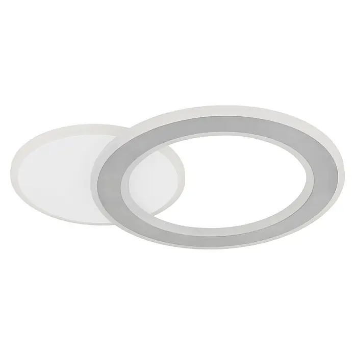Globo LED-Deckenleuchte Mavis - 21 W, L x B x H: 51 x 38 x 4 cm, Weiß - Zwei weiße runde Leuchten, eine mit silbernem Innenring.