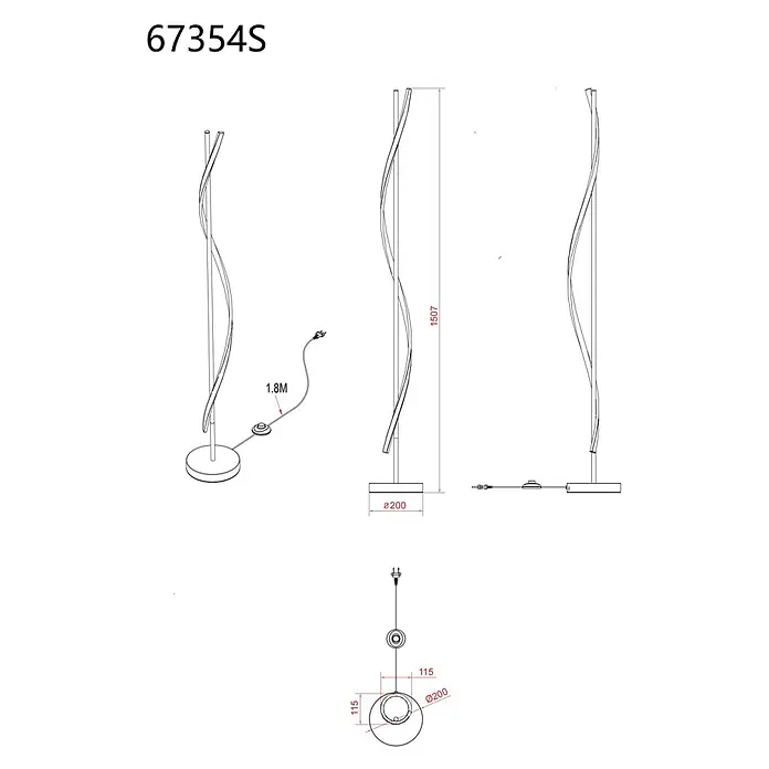 Globo LED-Deckenfluter Watkins - Höhe: 1.507 mm - Technische Zeichnung einer Stehleuchte mit gewelltem, schlankem Korpus, rundem Sockel (Ø200mm), 1507mm Höhe und 1,8m Kabel.