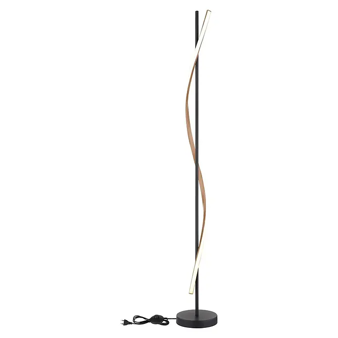 Globo LED-Deckenfluter Watkins - Höhe: 1.507 mm - Moderne schwarze Stehlampe mit einer spiralförmigen LED-Lichtleiste in Holzoptik, die warmes Licht abstrahlt, auf schwarzem Fuß mit Fußschalter.