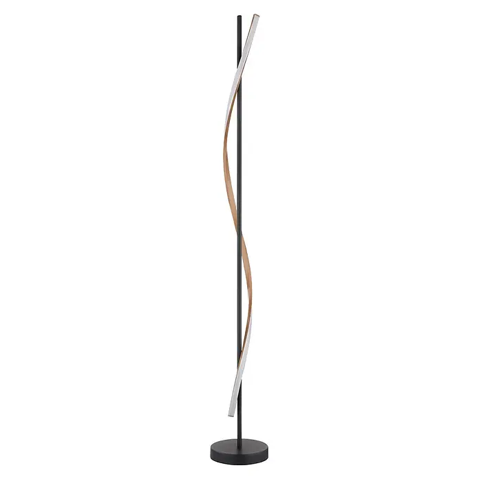 Globo LED-Deckenfluter Watkins - Höhe: 1.507 mm - Schwarze Stehleuchte mit spiralförmigem weiß-holzfarbenem LED-Lichtband.