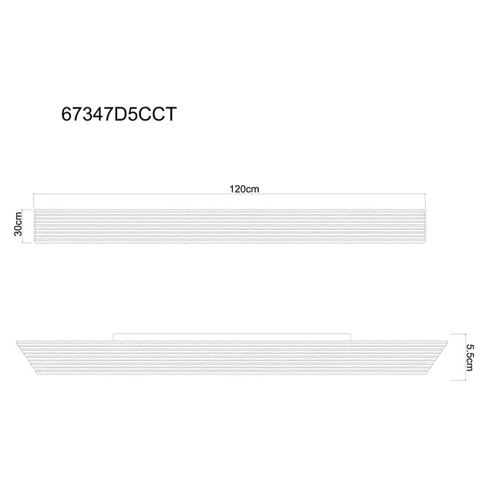 Globo LED-Deckenleuchte Hayden - 40 W, L x B x H: 120 x 30 x 6 cm, Warmweiß, 2.000 lm - Technische Zeichnung einer rechteckigen LED-Linearleuchte, 120 cm lang, 30 cm breit, 5,5 cm tief.