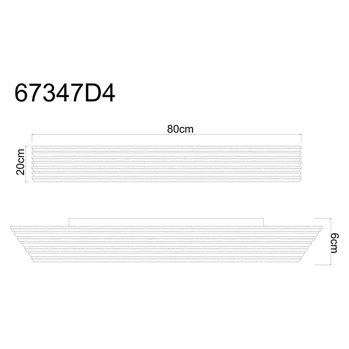Globo LED-Deckenleuchte Hayden - 30 W, L x B x H: 80 x 20 x 5 cm, Warmweiß, 3.100 lm - Technische Zeichnung eines geschichteten rechteckigen Profils, 80cm lang, 20cm hoch, 6cm tief.