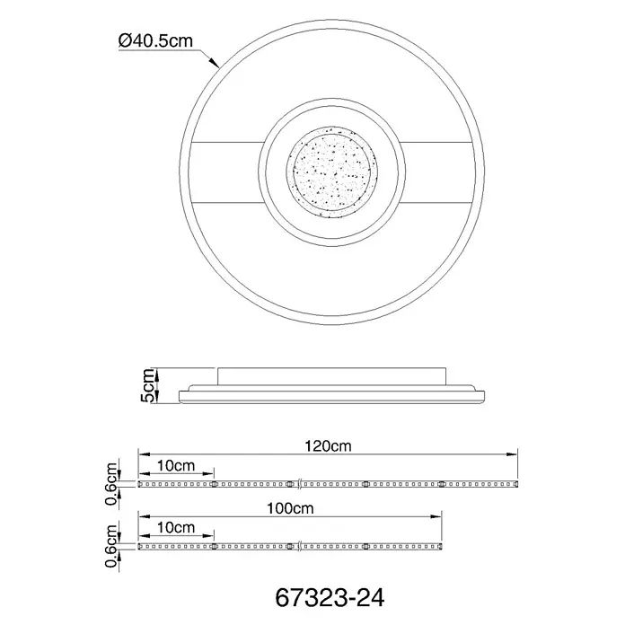 Globo Plafón LED Blacky - Marrón, 24 W, Blanco cálido - Dibujo técnico de una luminaria circular (Ø40,5cm, H5cm) y dos tiras LED (120cm, 100cm largo, 0,6cm alto).
