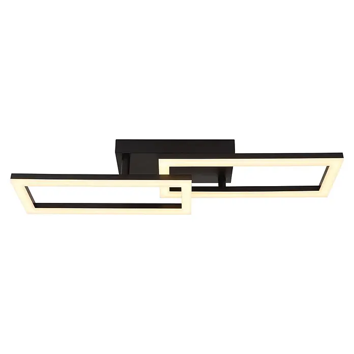 Globo Plafón LED Drew - 20 W, L x An x Al: 61,4 x 19,5 x 9 cm, Negro, Blanco cálido - Lámpara de techo LED geométrica negra con tiras luminosas blanco cálido.