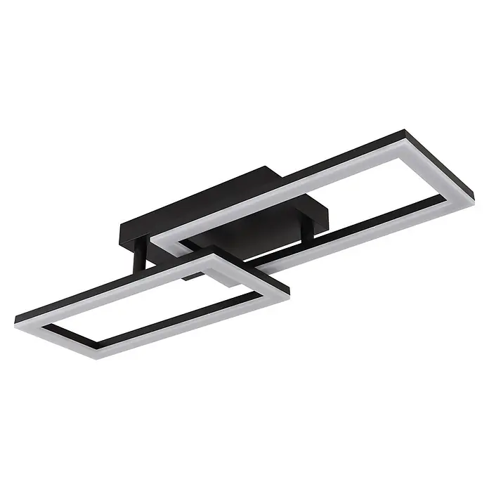 Globo Plafón LED Drew - 20 W, L x An x Al: 61,4 x 19,5 x 9 cm, Negro, Blanco cálido - Moderna lámpara de techo LED negra con dos tiras de luz blancas rectangular interconectadas.