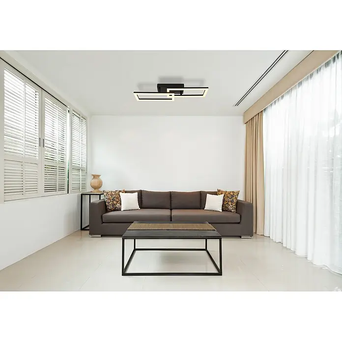 Globo Plafón LED Drew - 20 W, L x An x Al: 61,4 x 19,5 x 9 cm, Negro, Blanco cálido - Lámpara de techo moderna negra con elementos rectangulares iluminados.