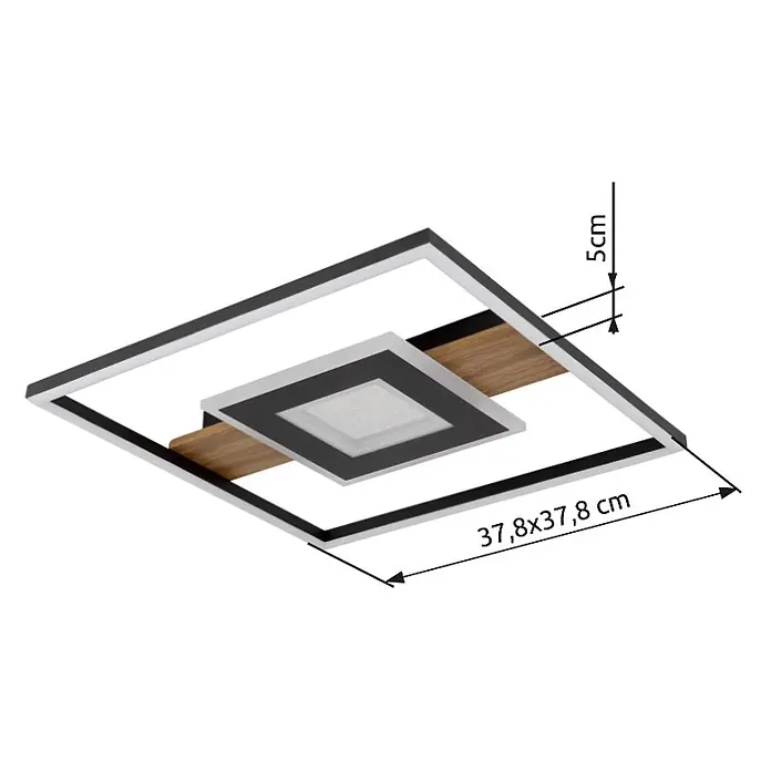 Globo LED-Deckenleuchte Pikara - L x B x H: 37,8 x 37,8 x 5 cm, Braun, 24 W, Lichtfarbe: Warmweiß, 800 lm - Moderne quadratische LED-Deckenleuchte in Schwarz, Weiß und Holzoptik, 37,8x37,8x5 cm.