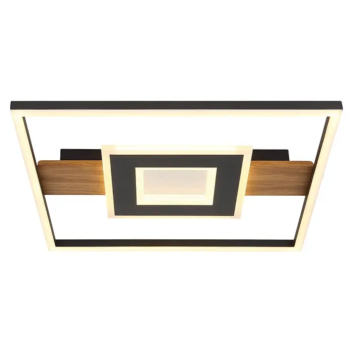 Globo LED-Deckenleuchte Pikara - L x B x H: 37,8 x 37,8 x 5 cm, Braun, 24 W, Lichtfarbe: Warmweiß, 800 lm - Moderne quadratische LED-Deckenleuchte mit schwarzem Rahmen, Holzdetails und beleuchteten Diffusoren.