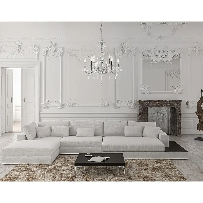 Globo Kronleuchter William - 40 W, Silber, Klar, E14 - Ein geräumiges hellgraues Stoff-Ecksofa mit Kissen in einem luxuriösen Wohnzimmer.
