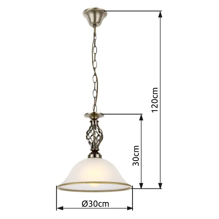 Globo Pendelleuchte Odin - 60 W, 120 cm, Anzahl Leuchtmittel: 1 Stk. - Pendelleuchte aus antikem Messing mit mattweißem Glasschirm, Kettenaufhängung und Spiralverzierung. Gesamthöhe 120cm, Schirm Ø30cm, Schirmhöhe 30cm.