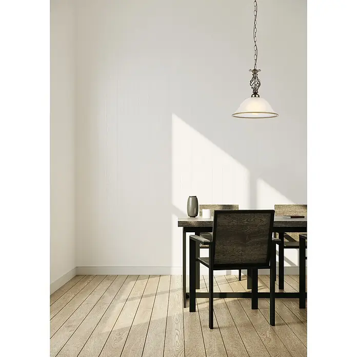 Globo Pendelleuchte Odin - 60 W, 120 cm, Anzahl Leuchtmittel: 1 Stk. - Pendelleuchte aus antikem Bronze mit mattem Glasschirm über einem Holzesstisch.