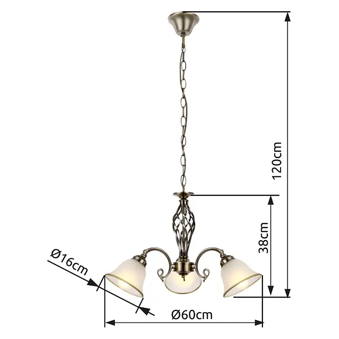 Globo Pendelleuchte Odin - 60 W, 120 cm, Anzahl Leuchtmittel: 3 Stk. - Dreiflammiger Kronleuchter in Antikmessing-Optik mit gedrehtem Metallstiel, Glockenschirmen aus mattiertem Glas und Kettenaufhängung.