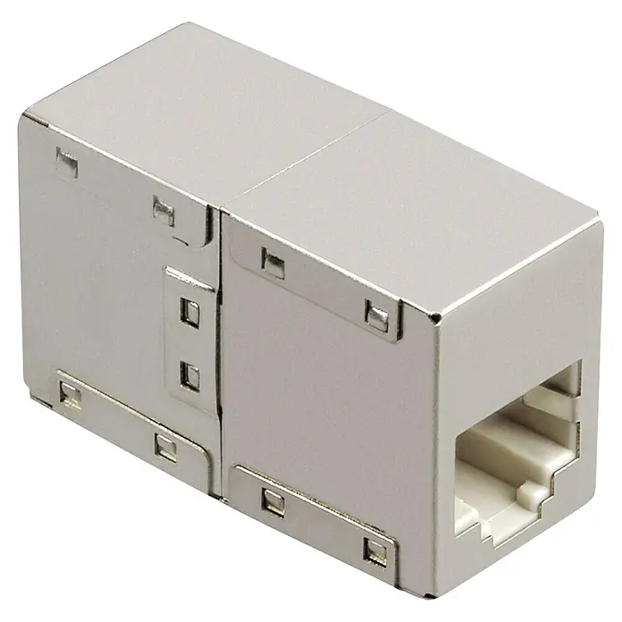 Hama Netzwerkadapter CAT5e - RJ45-Kupplung - Abgebildet ist ein RJ45-Verbinder, ein kompakter Adapter zum Verbinden von zwei Netzwerkkabeln mit RJ45-Steckern.