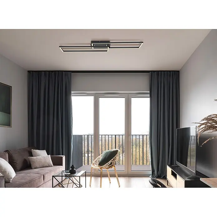 Globo LED-Deckenleuchte Tatjana - 36 W, L x B x H: 101 x 29 x 7,5 cm, Schwarz - Moderne schwarze geometrische LED-Deckenleuchte erhellt ein Wohnzimmer. Mit verbundenen rechteckigen Rahmen und warmem Licht.